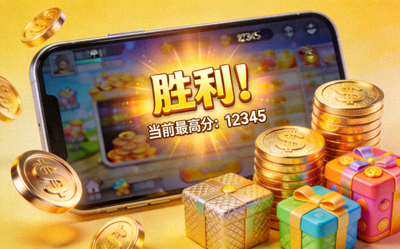 手机屏幕上显示游戏高分胜利界面，旁边堆放着代表免费获得的金币与道具奖励