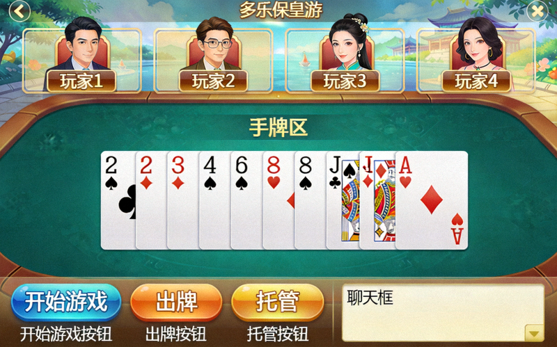 多乐保皇游戏房间界面标注图，详细标注了玩家位置、手牌区、功能按钮、聊天框等各个区域