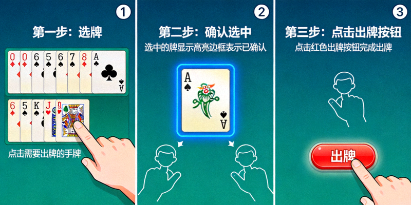 多乐保皇游戏出牌操作步骤分解图，展示从选牌到点击出牌按钮的完整过程